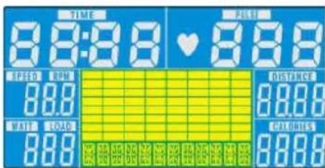 TIME 8:8:88 PULSE 8:88 SPEED RUN 8.00 WATER LOAD 8.00 DISTANCE 8.00 CALORIES 8.00