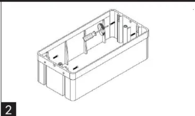 Isometric line drawing of a rectangular electronic device casing with internal components and mounting holes (no text or symbols)
