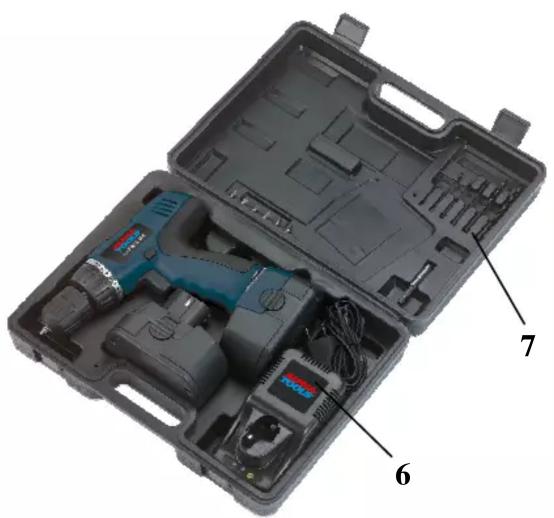 Interior view of a compact tool kit with labeled parts (no text or symbols visible)
