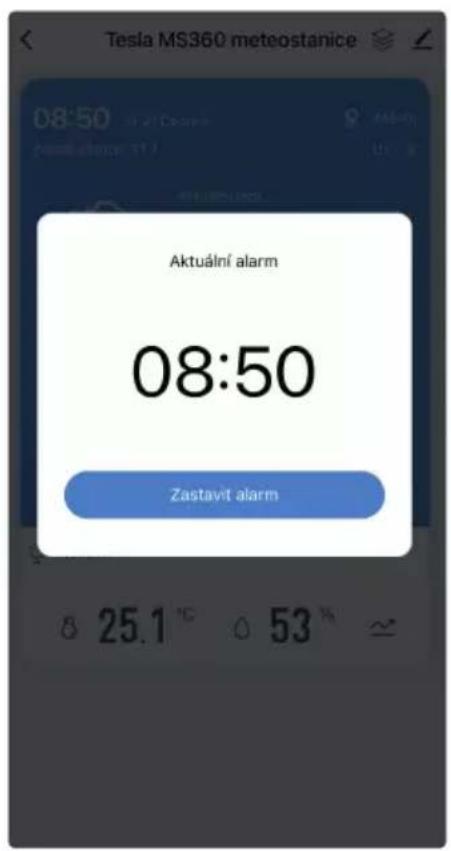 Tesla MS360 meteostanice Aktuální alarm 08:50 Zastavit alarm