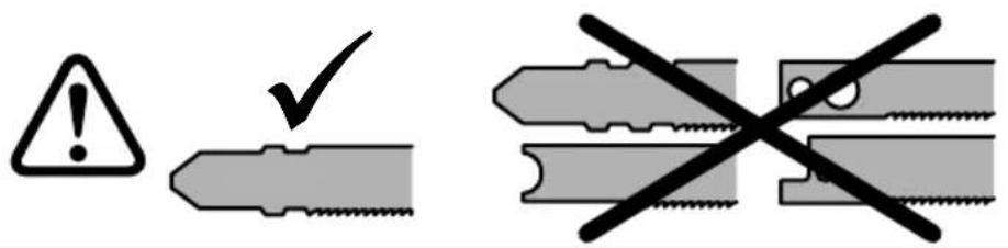 Warning symbols and correct/incorrect process illustrations: triangular warning triangle, checkmark, and crossed-out mechanical components.