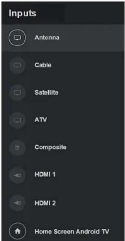Inputs Antenna Cable Satellite ATV Composite HDMI 1 HDMI 2 Home Screen Android TV