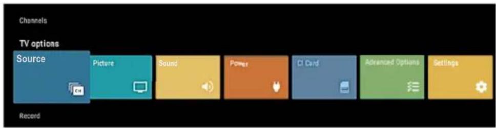 Channels TV options Source Picture Sound Power CI Card Advanced Options Settings Record