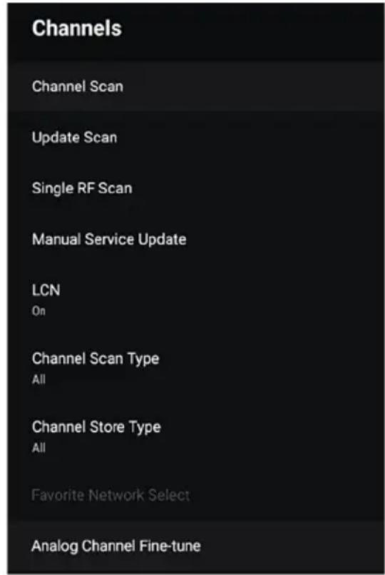 Channels Channel Scan Update Scan Single RF Scan Manual Service Update LCN On Channel Scan Type All Channel Store Type All Favorite Network Select Analog Channel Fine-tune