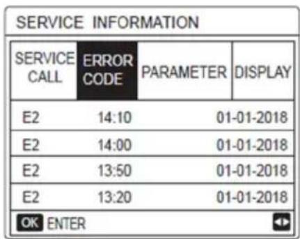 SERVICE INFORMATION SERVICE CALL ERROR CODE PARAMETER DISPLAY E2 14:10 01-01-2018 E2 14:00 01-01-2018 E2 13:50 01-01-2018 E2 13:20 01-01-2018 OK ENTER