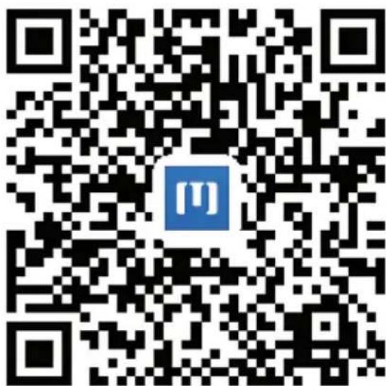 QR code with a blue logo in the center containing stylized 'm' and Chinese character 'H'
