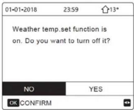 01-01-2018 23:59 13* Weather temp.set function is on. Do you want to turn off it? NO YES OK CONFIRM
