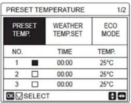 PRESET TEMPERATURE 1/2 PRESET TEMP. WEATHER TEMP.SET ECO MODE NO. TIME TEMP. 1 ■ 00:00 25°C 2 □ 00:00 25°C 3 □ 00:00 25°C OK SELECT
