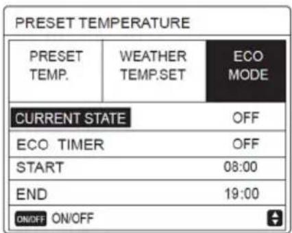 PRESET TEMPERATURE PRESET TEMP. WEATHER TEMP.SET ECO MODE CURRENT STATE OFF ECO TIMER OFF START 08:00 END 19:00 ON/OFF ON/OFF