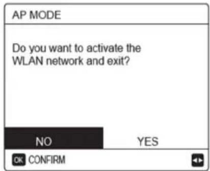 AP MODE Do you want to activate the WLAN network and exit? NO YES OK CONFIRM