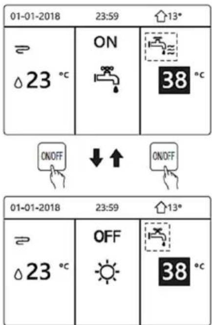 01-01-2018 23:59 ↑13° △23 °C ON 38 °C ON/OFF ↓ ↑ ON/OFF 01-01-2018 23:59 ↑13° △23 °C OFF 38 °C