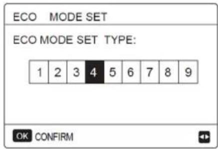 ECO MODE SET ECO MODE SET TYPE: 1 2 3 4 5 6 7 8 9 OK CONFIRM