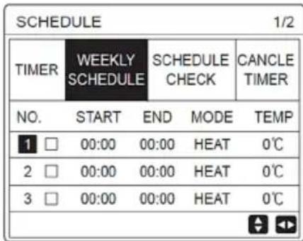 SCHEDULE 1/2 TIMER WEEKLY SCHEDULE SCHEDULE CHECK CANCE TIMER NO. START END MODE TEMP 1 □ 00:00 00:00 HEAT 0℃ 2 □ 00:00 00:00 HEAT 0℃ 3 □ 00:00 00:00 HEAT 0℃