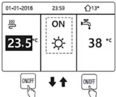 01-01-2018 23:59 13° 23.5°C ON 38 °C ON/OFF ↓ ↑ ON/OFF