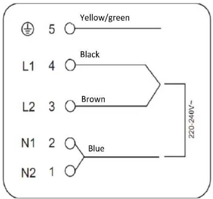 5 Yellow/green L1 4 Black L2 3 Brown N1 2 Blue N2 1 220-240V~