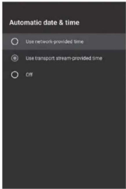 Automatic date & time Use network-provided time Use transport stream-provided time Off