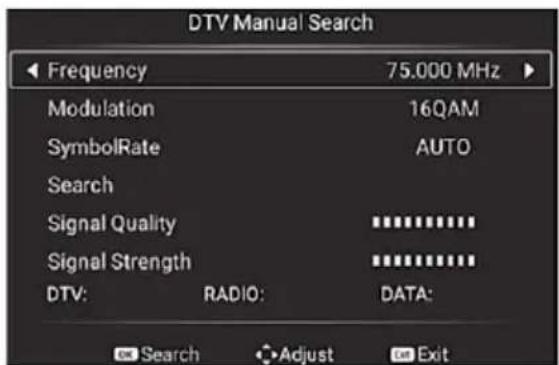 DTV Manual Search Frequency 75.000 MHz Modulation 16QAM SymbolRate AUTO Search Signal Quality ********** Signal Strength ********** DTV: RADIO: DATA: Search Adjust Exit