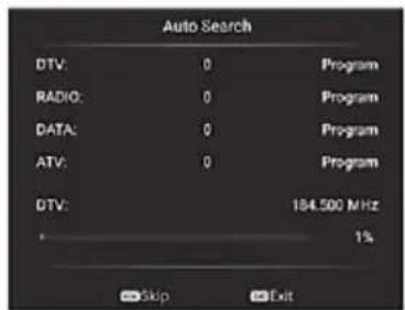 Auto Search DTV: 0 Program RADIO: 0 Program DATA: 0 Program ATV: 0 Program DTV: 184.500 MHz 1% Skip Exit