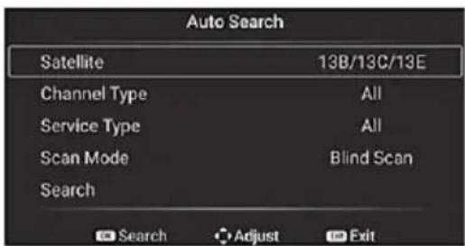 Auto Search Satellite 13B/13C/13E Channel Type All Service Type All Scan Mode Blind Scan Search Search Adjust Exit