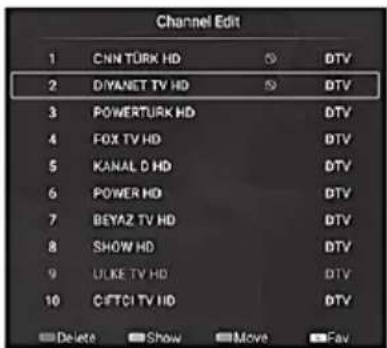 Channel Edit 1 CNN TÜRK HD ⑨ DTV 2 DIVANET TV HD ⑨ DTV 3 POWER TÜRK HD ⑨ DTV 4 FOX TV HD ⑨ DTV 5 KANAL D HD ⑨ DTV 6 POWER HD ⑨ DTV 7 BEYAZ TV HD ⑨ DTV 8 SHOW HD ⑨ DTV 9 ULIKE TV HD ⑨ DTV 10 CIFTCI TV HD ⑨ DTV Delete Show Move Fav