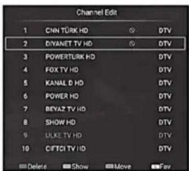 Channel Edit 1 CNN TÜRK HD 2 DIYANET TV HD 3 POWER TÜRK HD 4 FOX TV HD 5 KANAL D HD 6 POWER HD 7 BEVAZ TV HD 8 SHOW HD 9 ULKE TV HD 10 CIFTCH TV HD Delete Show Move Fav
