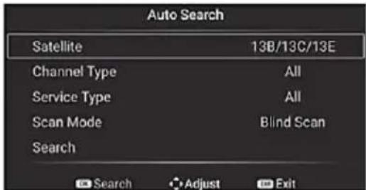 Auto Search Satellite 13B/13C/13E Channel Type All Service Type All Scan Mode Blind Scan Search Search Adjust Exit