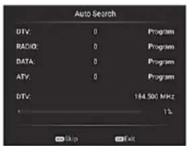 Auto Search DTV: 0 Program RADIO: 0 Program DATA: 0 Program ATV: 0 Program DTV: 184.500 MHz 1% Skip Exit