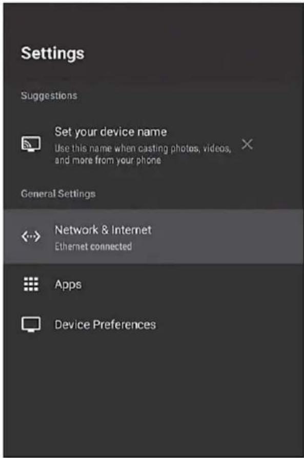 Settings Suggestions Set your device name Use this name when casting photos, videos, and more from your phone General Settings Network & Internet Ethernet connected Apps Device Preferences