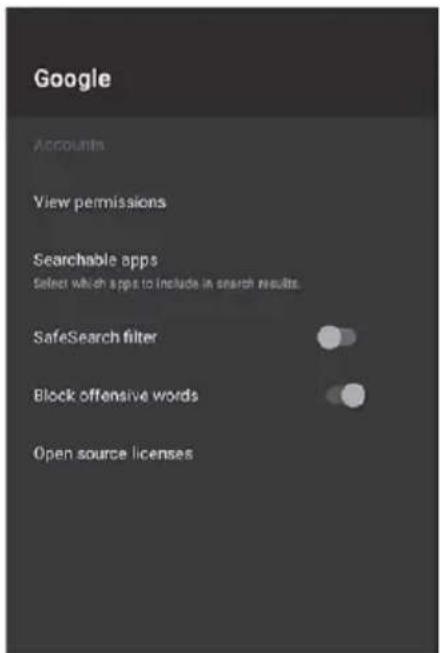Google Accounts View permissions Searchable apps Select which apps to include in search results. SafeSearch filter Block offensive words Open source licenses