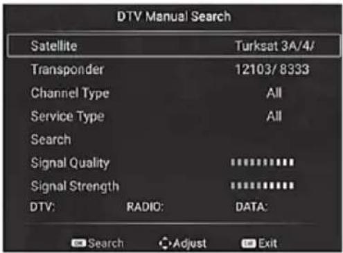 DTV Manual Search Satellite Turksat 3A/4/ Transponder 12103/8333 Channel Type All Service Type All Search Signal Quality ********** Signal Strength ********** DTV: RADIO: DATA: Search Adjust Exit