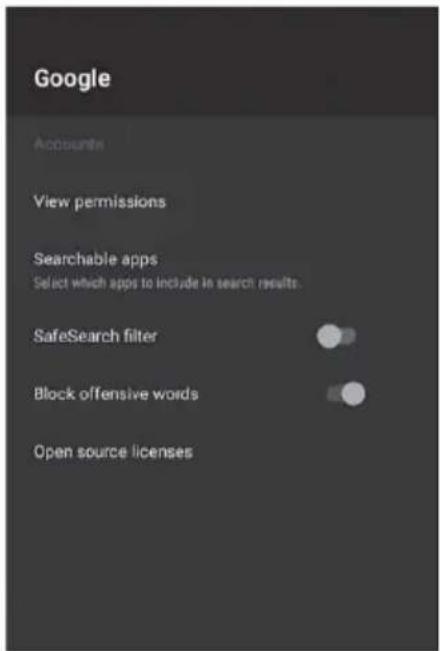 Google Accounts View permissions Searchable apps Select which apps to include in search results. SafeSearch filter Block offensive words Open source licenses