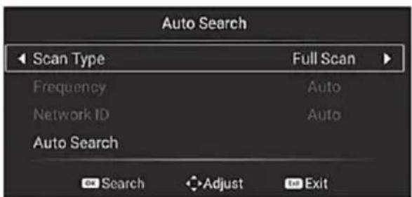 Auto Search Scan Type Full Scan Frequency Auto Network ID Auto Auto Search Search Adjust Exit
