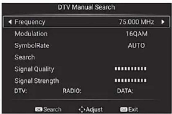 DTV Manual Search Frequency 75.000 MHz Modulation 16QAM SymbolRate AUTO Search Signal Quality ********** Signal Strength ********** DTV: RADIO: DATA: Search Adjust Exit