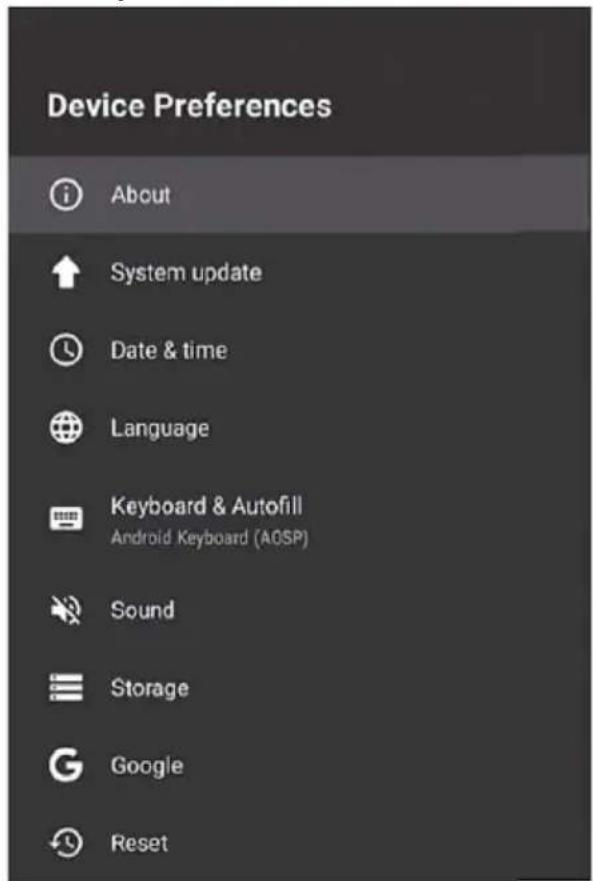 Device Preferences About System update Date & time Language Keyboard & Autofill Android Keyboard (AOSP) Sound Storage Google Reset