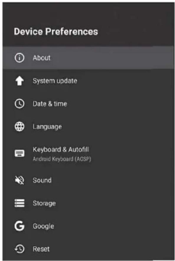 Device Preferences About System update Date & time Language Keyboard & Autofill Android Keyboard (ADSP) Sound Storage Google Reset