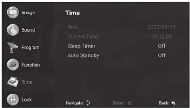 Image Sound Program Function Time Lock Time Date: 2020/06/15 Current Time 08:32.05 Sleep Timer Off Auto Standby Off Navigate: Select: Back: