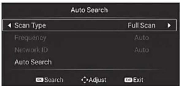 Auto Search Scan Type Full Scan Frequency Auto Network ID Auto Auto Search OK Search Adjust Exit