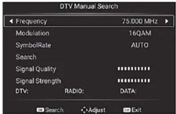 DTV Manual Search Frequency 75.000 MHz Modulation 16QAM SymbolRate AUTO Search Signal Quality ********** Signal Strength ********** DTV: RADIO: DATA: Search Adjust Exit