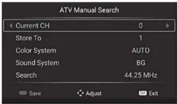 ATV Manual Search Current CH 0 Store To 1 Color System AUTO Sound System BG Search 44.25 MHz Save Adjust Exit