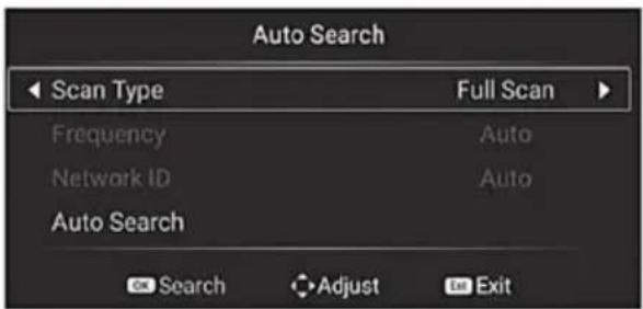 Auto Search Scan Type Full Scan Frequency Auto Network ID Auto Auto Search OK Search Adjust Exit