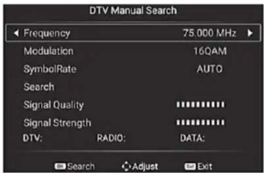 DTV Manual Search Frequency 75.000 MHz Modulation 16QAM SymbolRate AUTO Search Signal Quality ********** Signal Strength ********** DTV: RADIO: DATA: Search Adjust Exit
