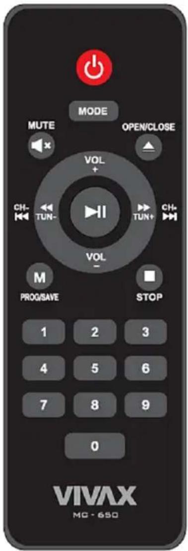 MODE MUTE OPEN/CLOSE VOL + CH- TUN- CH- TUN+ CH- VOL - M PROG/SAVE STOP 1 2 3 4 5 6 7 8 9 0 VIVAX MC - 650