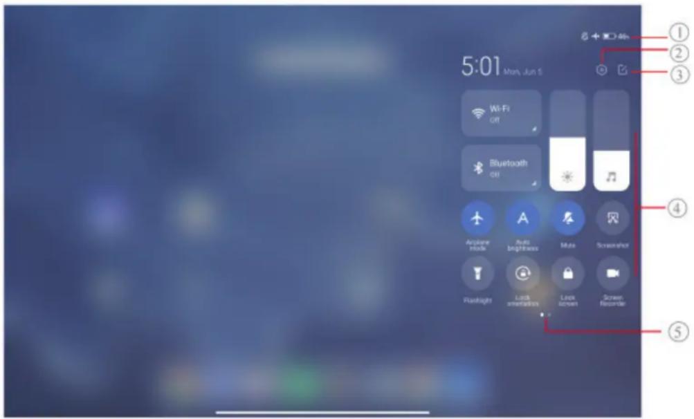 5:01 Mon Jun 5 ① ② ③ Bluetooth airplane mode Aute brightness Mate Screenshot Flashlight Lock refreshers Lock screen Screen Recorder ④ ⑤