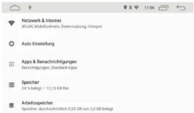 Netzwerk & Internet WLAN, Mobilfunknetz, Datennutzung, Hotspot Auto Einstellung Apps & Benachrichtigungen Berechtigungen, Standard-Apps Speicher 24 % belegt - 12,15 GB fres Arbeitsspeicher Speicher: durchschnittlich 0,93 GB von 2,0 GB belegt