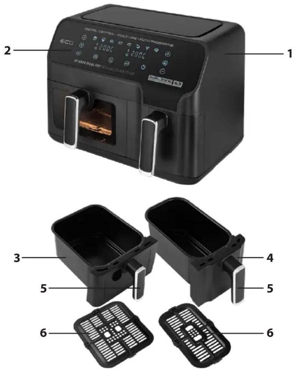 DIFLAL CONTROL - MULTI USE - AUTO PROCAPERS ECO 200°C 200°C AF 350% DUAL KRY ADVANCED AIR PRIOR DURU ZONE 2.3 1 2 3 4 5 5 6 6