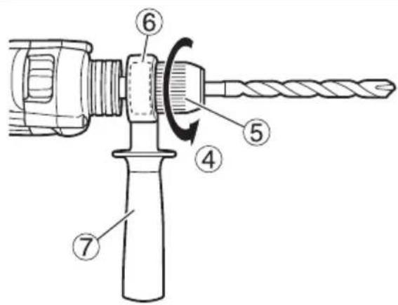 Technical diagram of a drill bit with numbered parts and rotation indicator