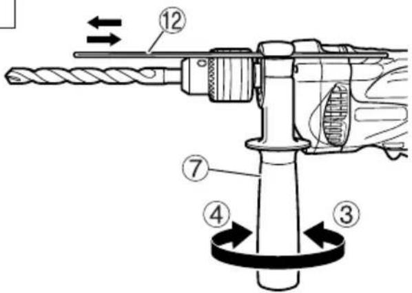 Technical diagram of a drill bit with numbered components and directional arrows indicating motion or movement.
