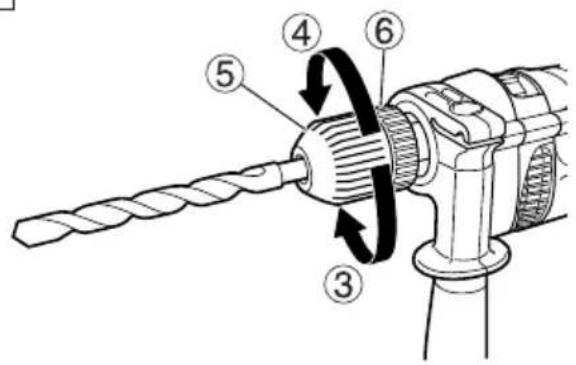Technical diagram of a drill bit with numbered parts and directional arrows indicating motion or operation