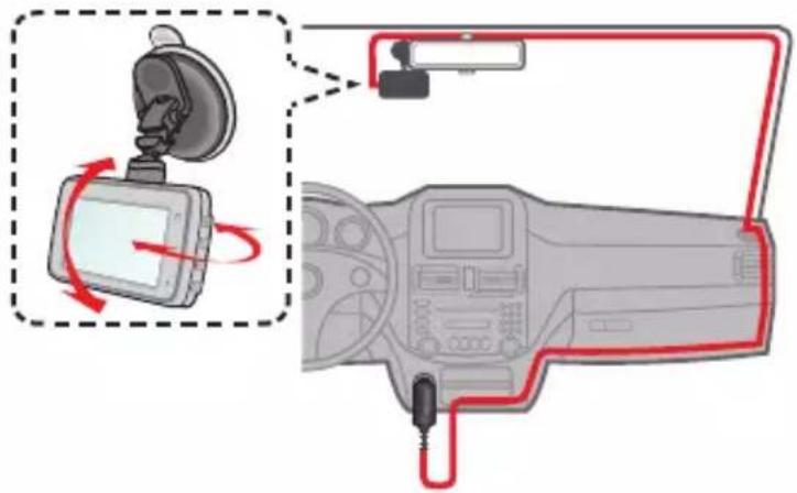 Diagram showing a satellite mounted on a device with red arrows indicating rotation or signal flow, alongside a close-up of the dashboard interior.