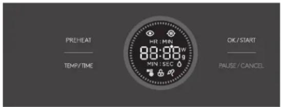 PREHEAT TEMP/TIME HR : MIN 8:00:00 W MIN : SEC OK / START PAUSE / CANCEL